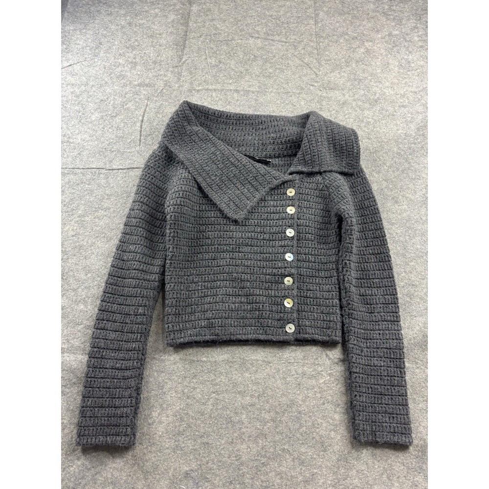 Zara Womens XS Crop Asymmetrical Button Front Cardigan Long Sleeves Sweater Knit